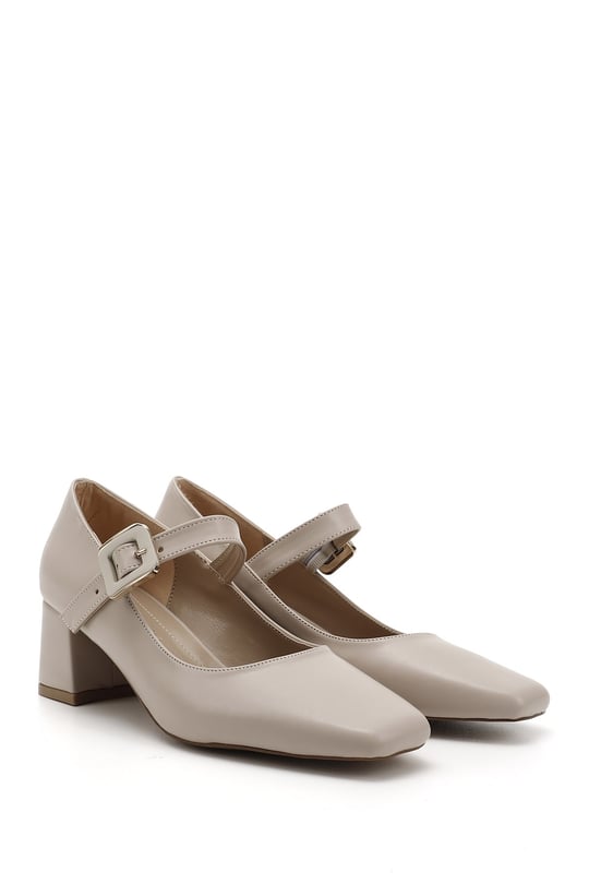 Women's Nude Flat Toe Medium Thick Heel Shoes