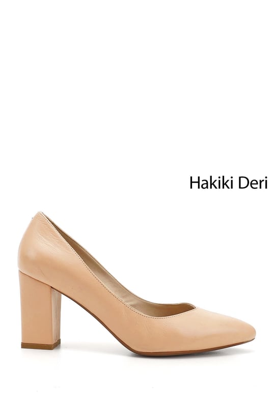 Kadın Ten Sivri Burun Yüksek Kalın Topuklu Hakiki Deri Ayakkabı