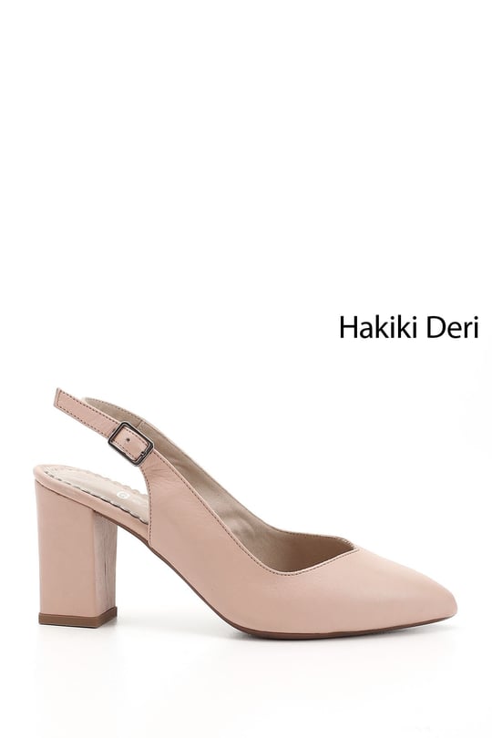 Kadın Ten Yüksek Kalın Topuklu Arkası Açık Hakiki Deri Ayakkabı
