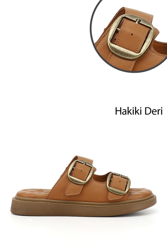 Kadın  Tokalı Dolgu Taban Hakiki Deri Comfort Terlik