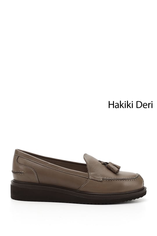 Kadın Vizon Antik Dolgu Taban Hakiki Deri Loafer Ayakkabı