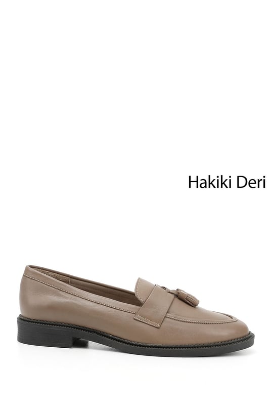 Kadın Vizon Antik Hakiki Deri Püsküllü Loafer Ayakkabı