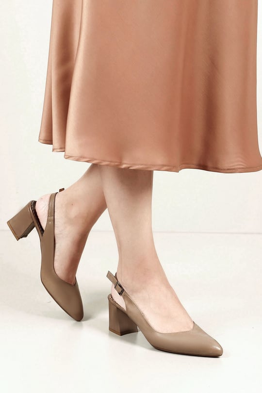 Women's Mink Antique Thick Heeled Open Back Genuine Leather Shoes