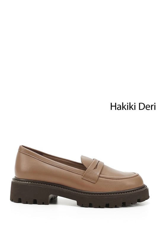 Kadın Vizon Antik Kalın Topuklu Hakiki Deri Loafer Ayakkabı
