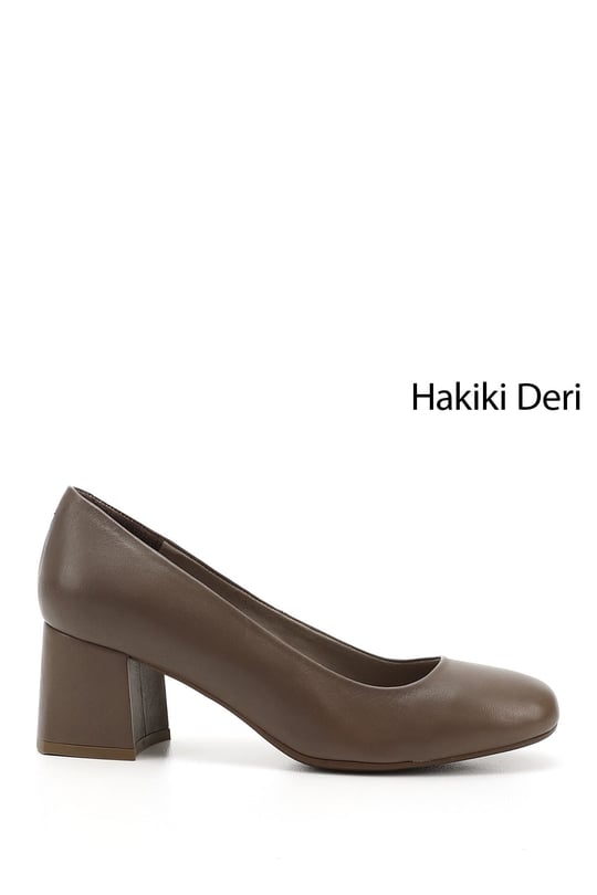 Kadın Vizon Antik Küt Burun Orta Kalın Topuklu Hakiki Deri Ayakkabı