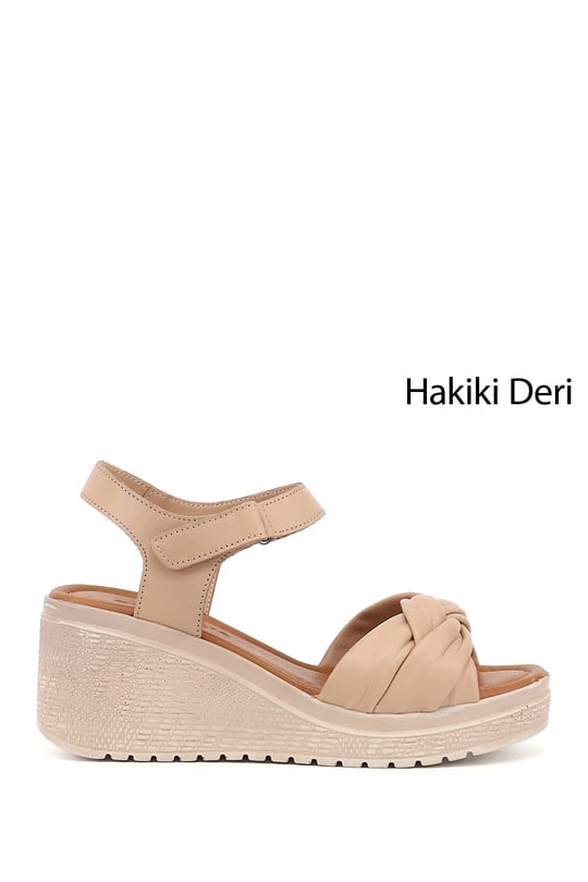 Kadın Vizon Bilekten Cırt Bantlı Dolgu Topuklu Hakiki Deri Sandalet