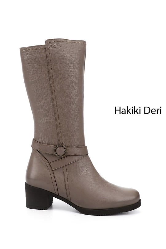 Kadın Vizon Floter Fermuarlı Kalın Topuklu Hakiki Deri Çizme