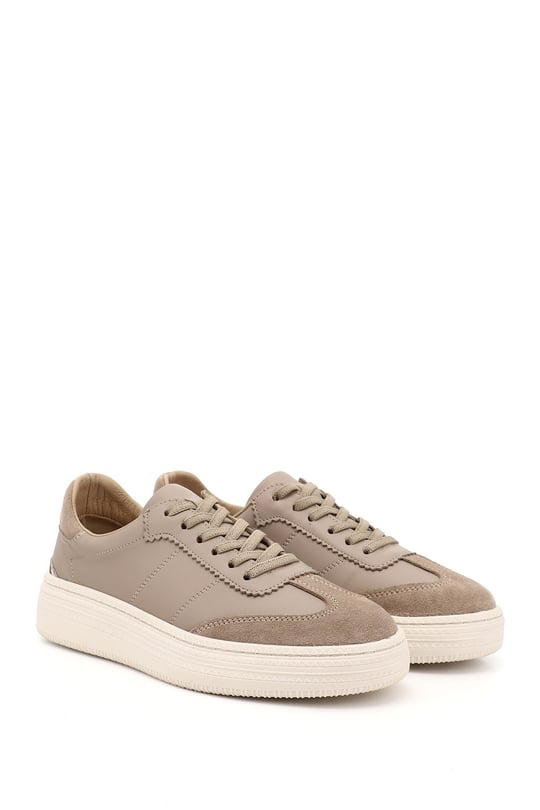 Kadın Vizon Lastik Bağcıklı Dolgu Taban Hakiki Deri Sneaker