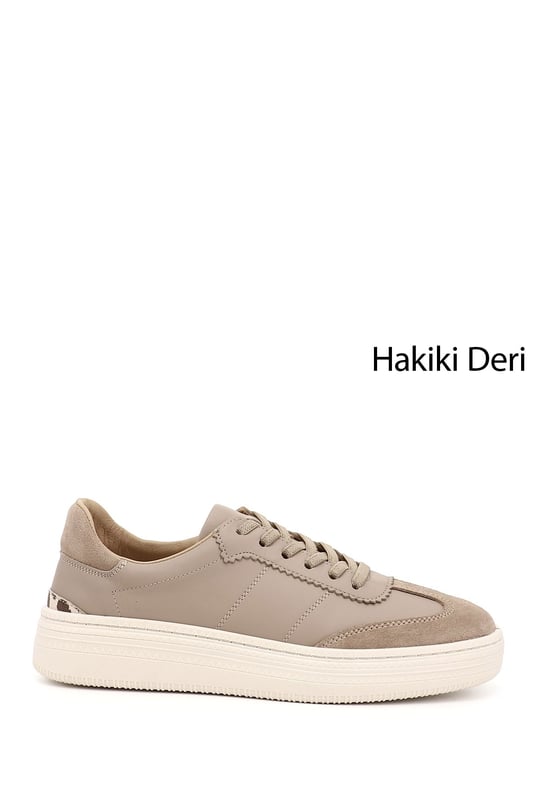 Kadın Vizon Lastik Bağcıklı Dolgu Taban Hakiki Deri Sneaker