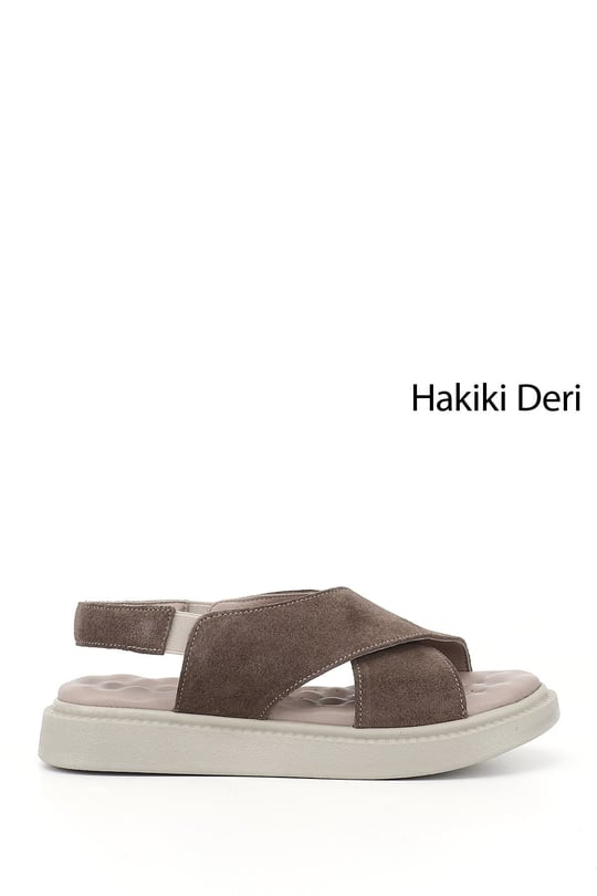 Kadın Vizon Süet Çapraz Bantlı Dolgu Taban Hakiki Deri Comfort Sandalet