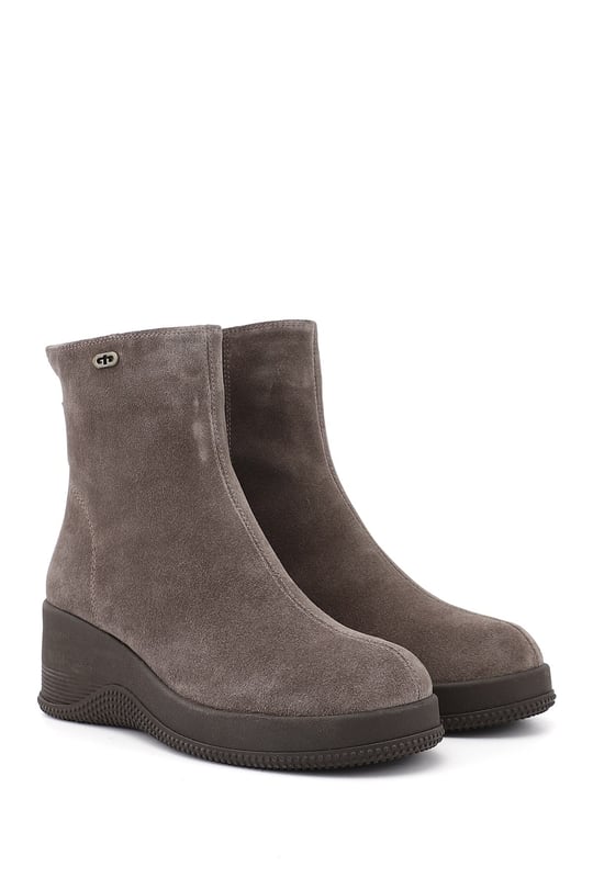 Kadın Vizon Süet Fermuarlı Dolgu Topuklu Hakiki Deri Bot
