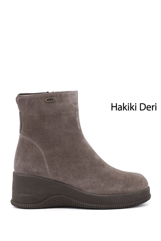 Kadın Vizon Süet Fermuarlı Dolgu Topuklu Hakiki Deri Bot