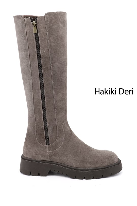 Kadın Vizon Süet Fermuarlı Kauçuk Taban Hakiki Deri Çizme