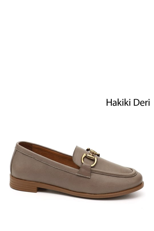 Kadın Vizon Tokalı Hakiki Deri Loafer Ayakkabı