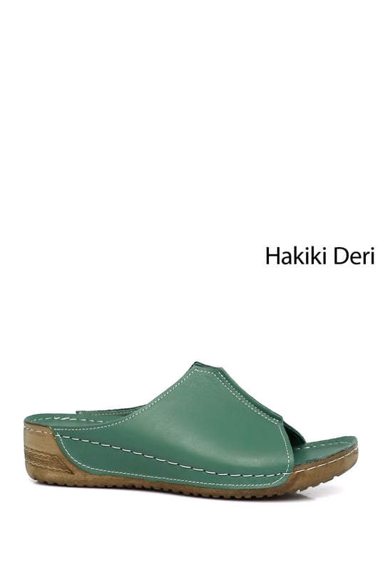 Kadın Yeşil Dolgu Taban Hakiki Deri Terlik