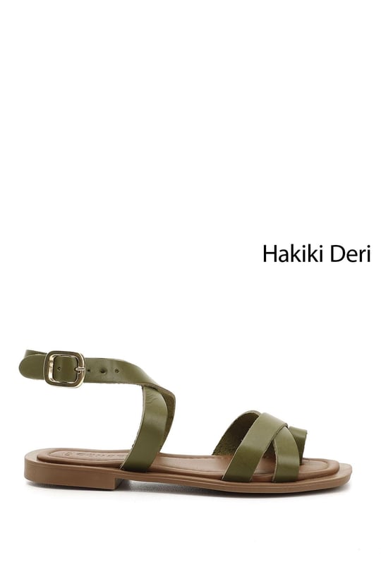 Kadın Yeşil Parmak Arası Bilek Bağlı Hakiki Deri Sandalet
