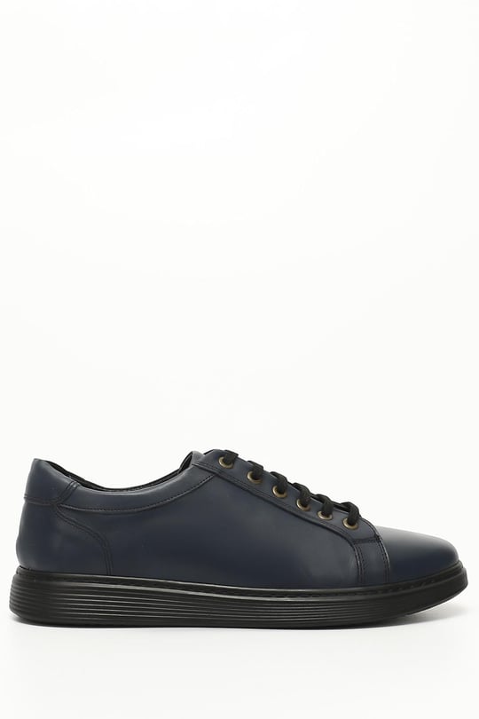 Lacivert Antik Gön Hakiki Deri Yuvarlak Burun Bağcıklı Günlük Erkek Sneaker 01144
