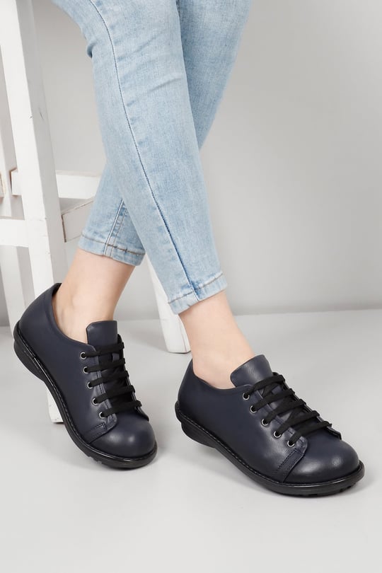 LACİVERT ANTİK Gön Yuvarlak Burun Kauçuk Düz Taban Bağcıklı Kadın Günlük Sneaker 04129