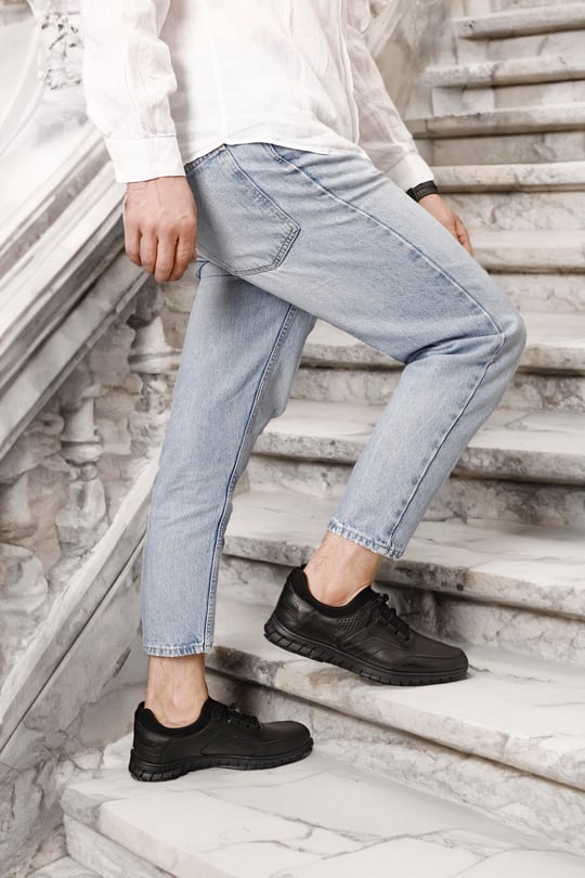 Siyah Gön Hakiki Deri Yuvarlak Burun Bağcıklı Günlük Erkek Sneaker 42284