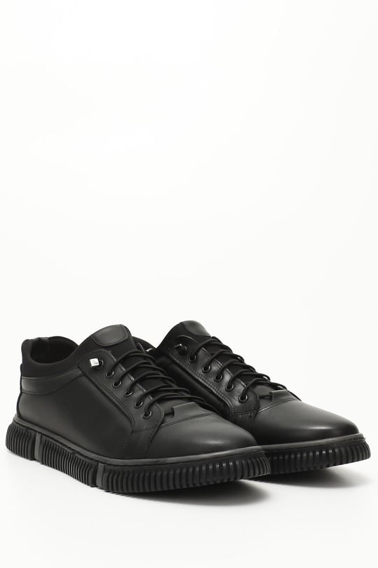 Siyah Gön Hakiki Deri Yuvarlak Burun Bağcıklı Günlük Erkek Sneaker 01388