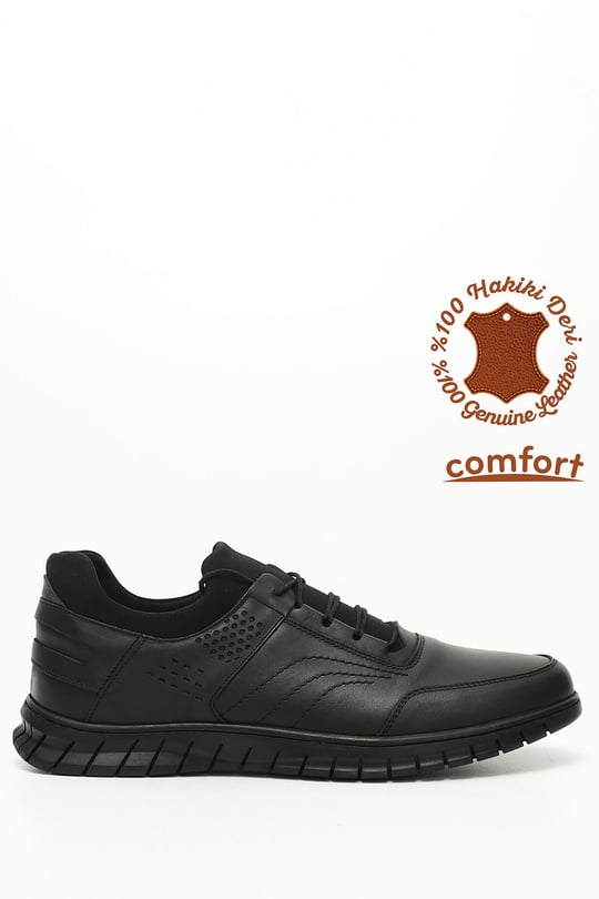 Siyah Gön Hakiki Deri Yuvarlak Burun Bağcıklı Günlük Erkek Sneaker 42284
