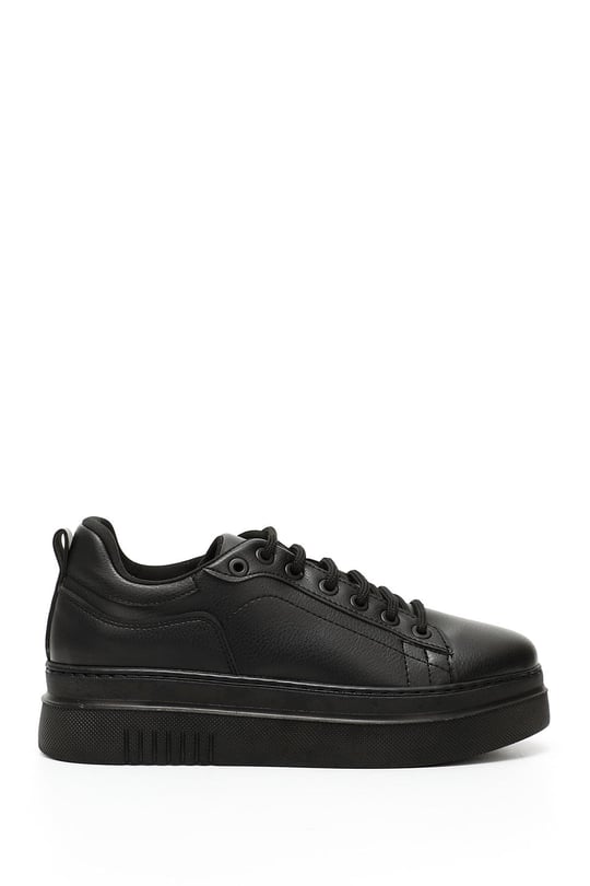 Siyah Gön Yuvarlak Burun Dolgu Taban Bağcıklı Kadın Sneaker 35553