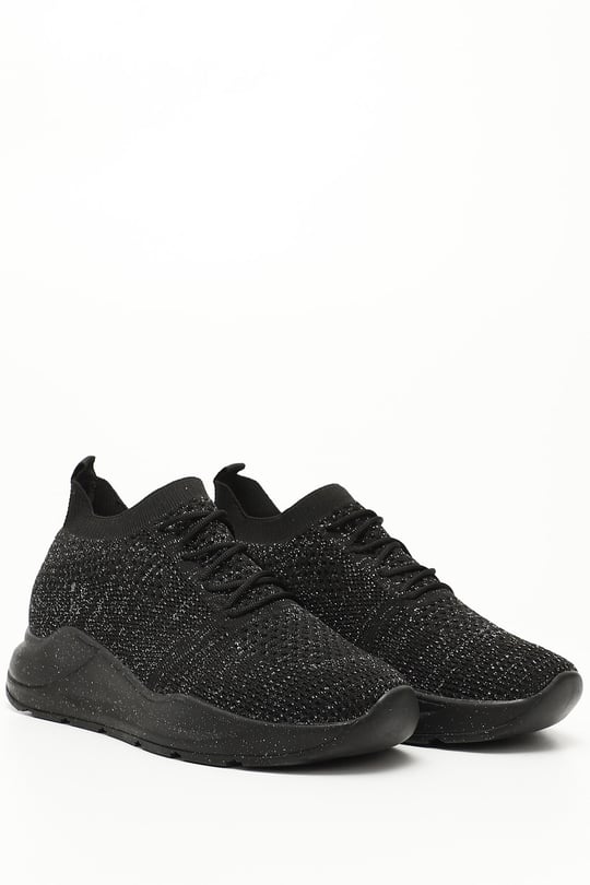 Siyah Gön Yuvarlak Burun Dolgu Taban Triko Kadın Sneaker 35190
