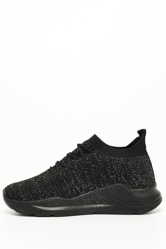 Siyah Gön Yuvarlak Burun Dolgu Taban Triko Kadın Sneaker 35190