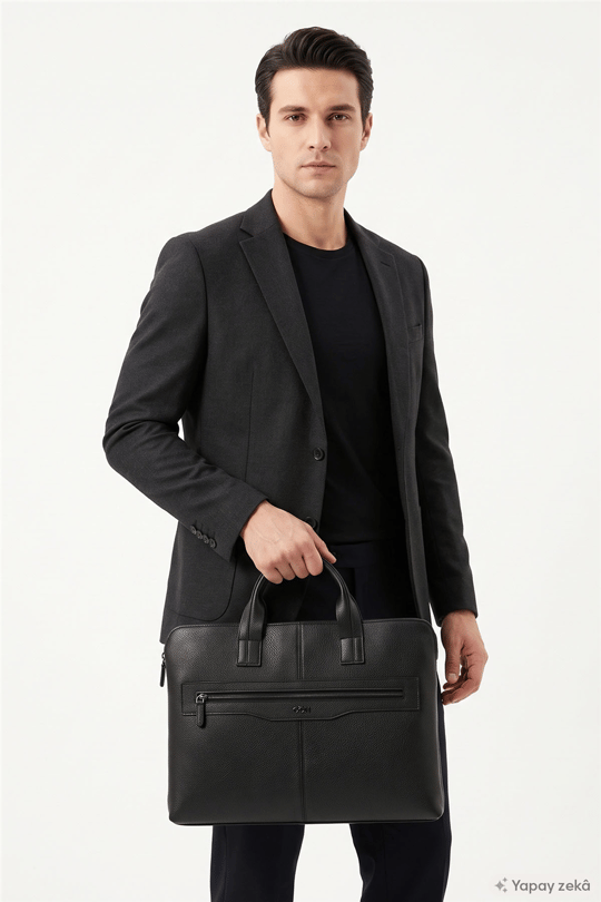 Unisex Black Genuine Leather Notebook and Document Bag