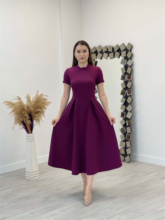 فستان متوسط ​​الطول بتفاصيل جيوب من قماش الكريب - بورجوندي | Giyim Masalı