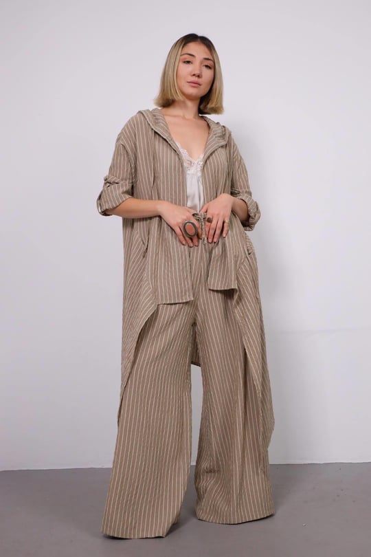 Mink Elastic Waist Striped Loose Trousers - Saman Butik