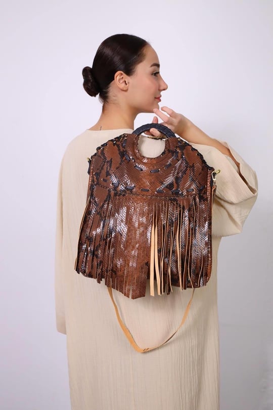 Brown Snakeskin Patterned Round Handle Tassel Bag Saman Butik