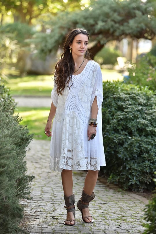 Beyaz Dantelli Güpür Detaylı Elbise - Şaman Butik - Bohem Giyim ve Aksesuar  | Kadın & Erkek