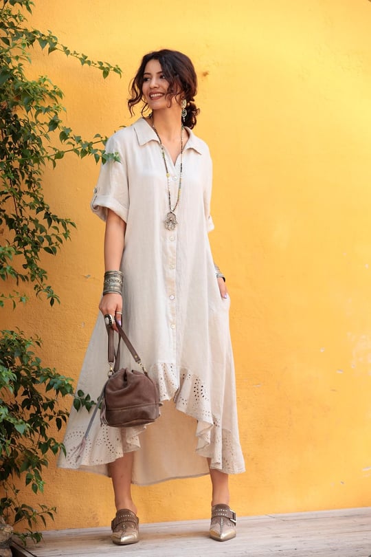 Krem Rengi Eteği Güpürlü Keten Gömlek Elbise - Şaman Butik - Bohem Giyim ve  Aksesuar | Kadın & Erkek