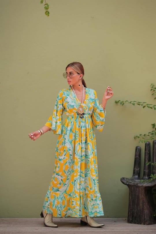 Sarı Yakası Pul İşlemeli Bohem Uzun Elbise - Şaman Butik - Bohem Giyim ve  Aksesuar | Kadın & Erkek