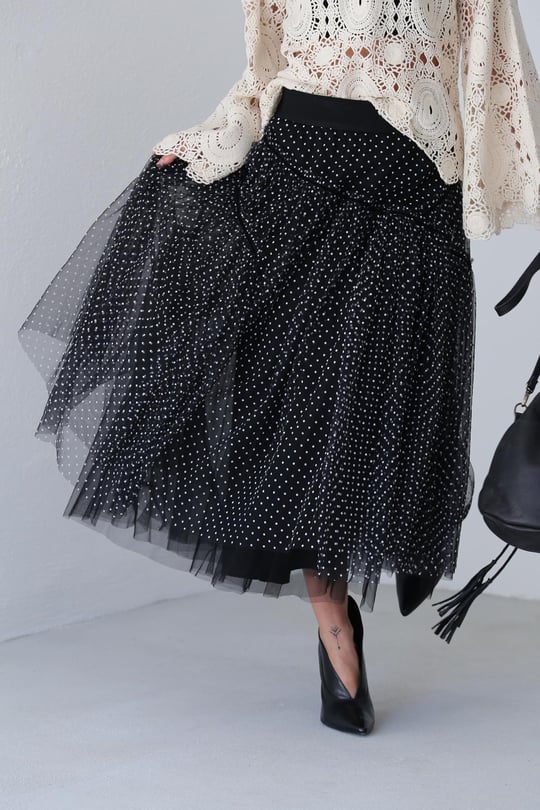 Black and White Polka Dot Asymmetric Stitched Tulle Skirt - Saman