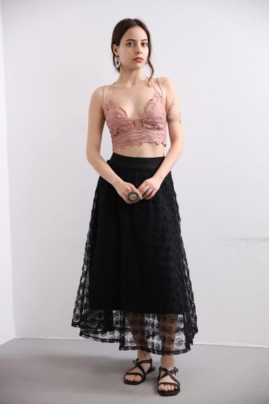 Vermilion Patterned Short Front Long Back Skirt - Saman Butik