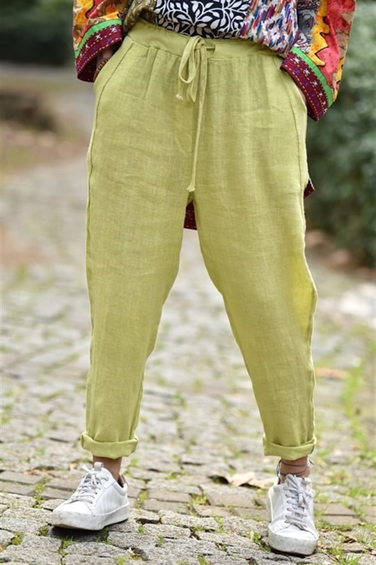 Fıstık Yeşil Keten Pantolon - Şaman Butik - Bohem Giyim ve Aksesuar | Kadın  & Erkek