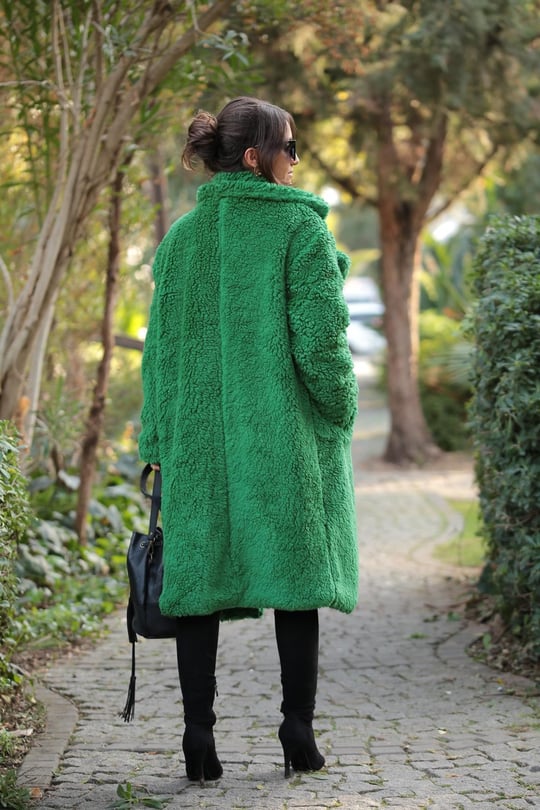 Emerald Green Single Button Long Teddy Coat - Saman Butik | Shop Online