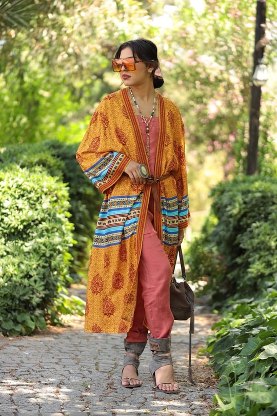 Hardal Sarısı Etnik Desenli Kaftan - Şaman Butik - Bohem Giyim ve Aksesuar  | Kadın & Erkek