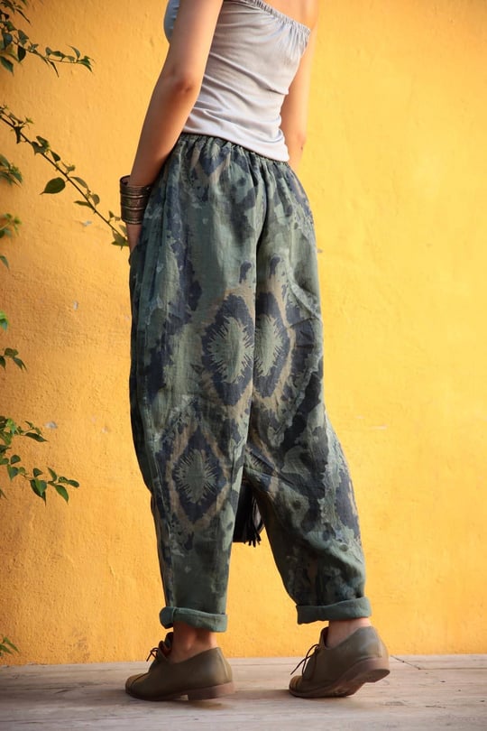 Haki Desenli Ağı Düşük Keten Pantolon - Şaman Butik - Bohem Giyim ve  Aksesuar | Kadın & Erkek