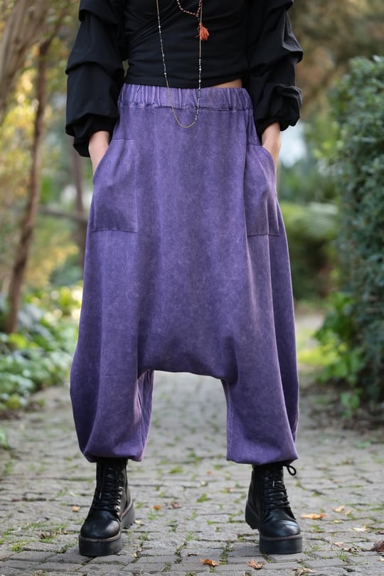 Purple Elastic Waist and Cuff Drop Crotch Pants - Saman Butik