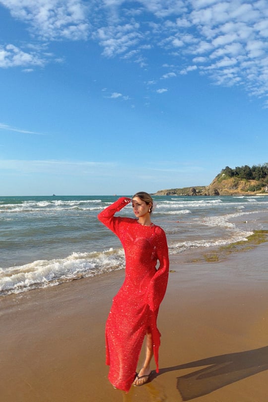 Pullu Beachwear Triko Elbise Kırmızı