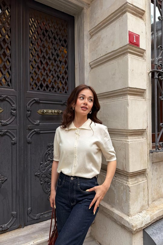 Polo Yaka Kısa Kol Hırka Ekru