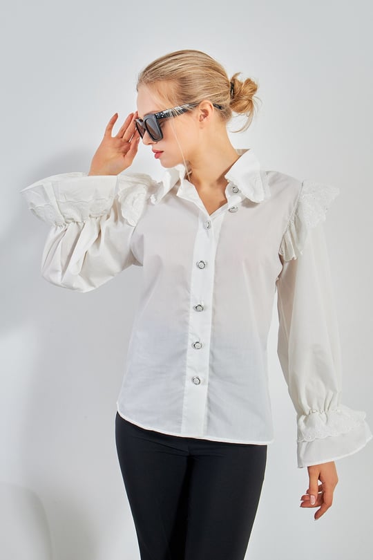 Kadın Kol Büzgülü Vintage Gömlek Beyaz - MyLove Butik