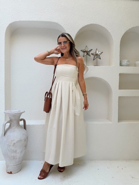 Nişantaşı Butik FLOŞ KETEN STRAPLEZ BEJ ELBİSE