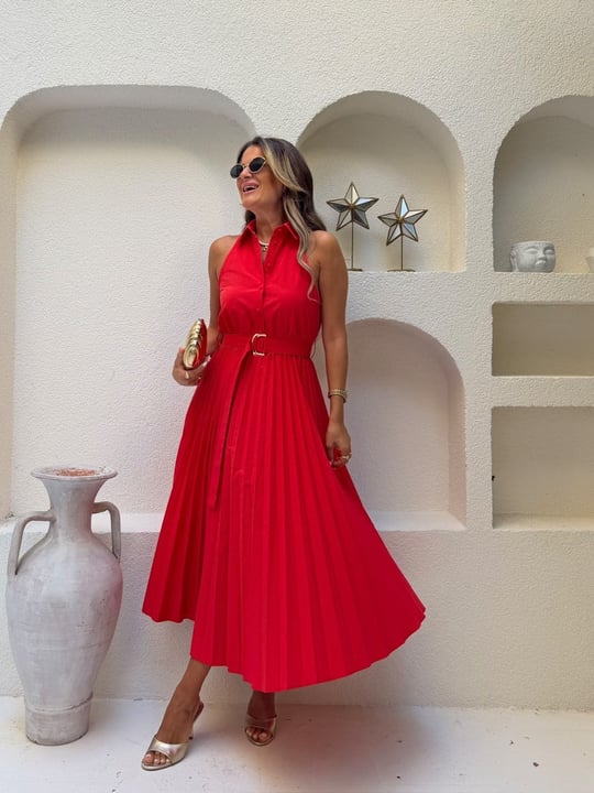 Nişantaşı Butik GÖMLEK YAKA PİLİSELİ MERCAN KIRMIZI ELBİSE