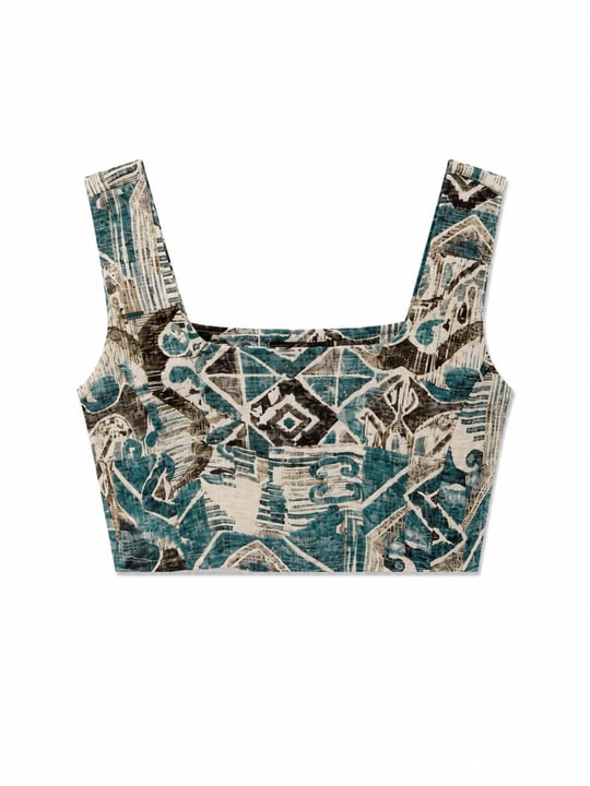 Nişantaşı Butik MAVİ DESEN KARE YAKA CROP BLUZ