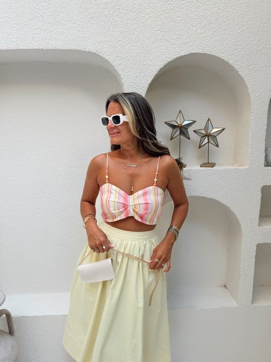 Nişantaşı Butik RENK ÇİZGİLİ KETEN CROP BLUZ