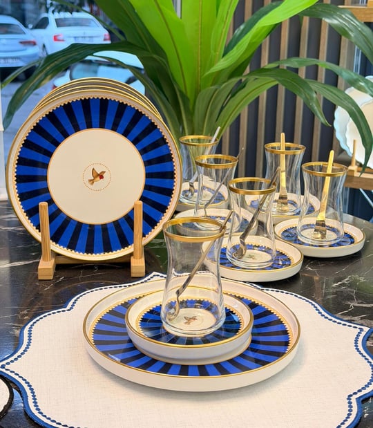18 Parça Modern Piano Blue Bird Pasta Çay Saati Seti